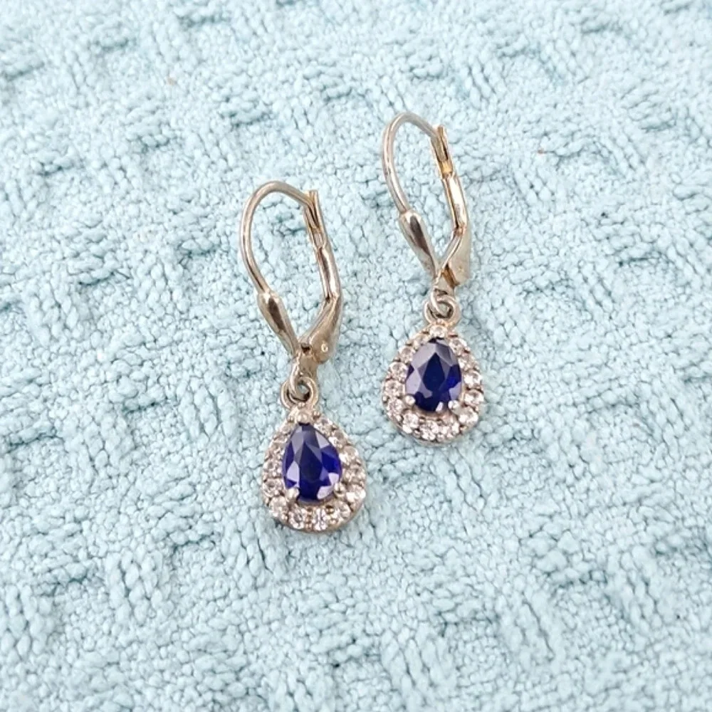Natural Blue Spinel & White Zircon Halo Dangle Earrings In 925 Sterling Silver - Picture 3 of 7